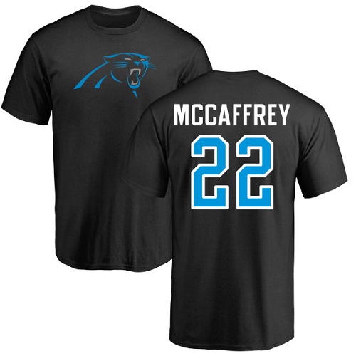 Carolina Panthers Men Black Christian McCaffrey Name and Number Logo NFL Football #22 T Shirt->nfl t-shirts->Sports Accessory
